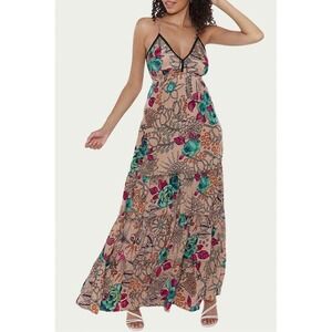 RAGA Sapana Tiered Floral-Print Halter Back Shoulder Tie Maxi Dress In Beige - M